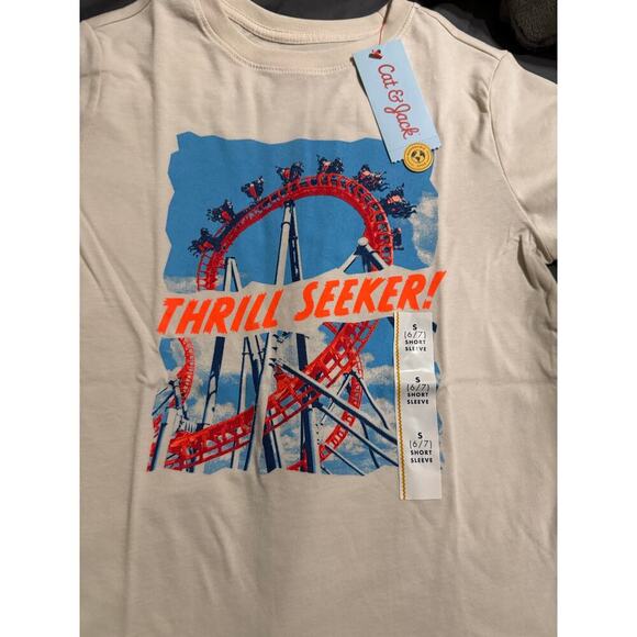 NWT Cat & Jack Size Small 6/7 Cream Short Sleeve Crew Neck Tee Thrill Seeker - Picture 3 of 4
